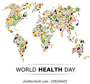 Nutrition Food For Healthy Life, World Health Day Concept. Cartoon World Map.