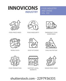 Nutrition and food prices - line design style icons set. Soup kitchens, emergency delivery from restaurant, world data, grain price hikes, support local markets and productions. Industry idea