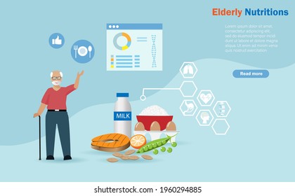 Nutrition Foods For Senior People. Ederly Man With Healthy Foods For Old Age And Nutrition Lable. Healthy And Proper Foods For Old People, Healthy Aging Concept.