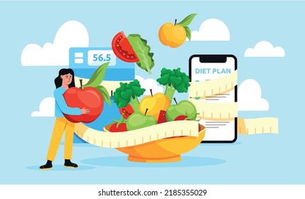 Nutrition health diet program. Diabetic food. Smartphone slimming application. Cholesterol and weight control. Detox meal. Healthy vegetables. Sport app. Vector illustration concept