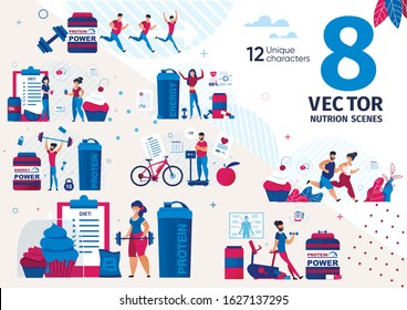 Nutrition for Healthy Body, Dieting for Weight Loss Trendy Flat Vector Scenes Set. Men and Women Characters Running, Doing Fitness Exercises, Eating Supplements for Good Physical Shape Illustrations