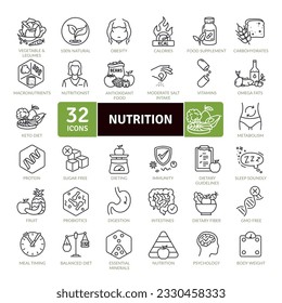 Nutrition and healthy eating icon pack. Collection of thin line icons that support digital navigation