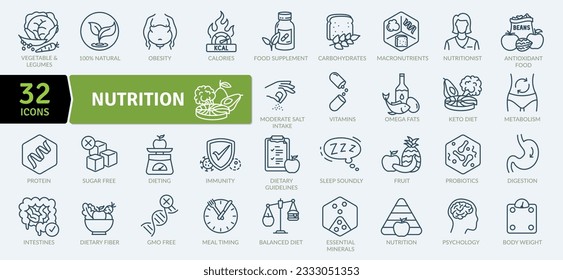 Nutrition and healthy eating icon pack. Collection of thin line icons that support digital navigation