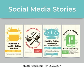 Nutrition healthy eating seminar wellness workshop social media stories design template set vector flat illustration. Dieting nourishment healthcare menu consulting expert cooking recommendation