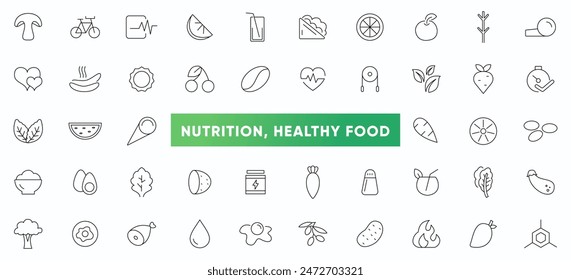 Nutrition and healthy food icons set. Detox Diet, Metabolism, Caunt Calories, Palm oil free, Zero thans fat, Probiotics, vegetables line icon pack. Outline icons collection.