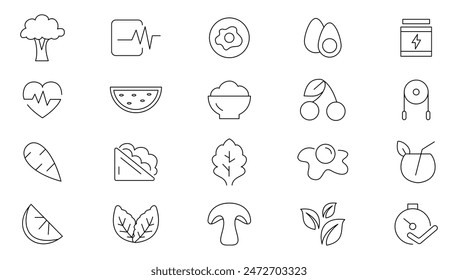 Nutrition and healthy food icons set. Detox Diet, Metabolism, Caunt Calories, Palm oil free, Zero thans fat, Probiotics, vegetables line icon pack. Outline icons collection.