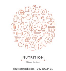 Nutrition and healthy food icons set. Detox Diet, Metabolism, Caunt Calories, Palm oil free, Zero thans fat, Probiotics, vegetables line icon pack. Outline icons collection.