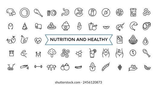 Nutrition and Healthy food Vector Icons. Contains related to Caunt Calories, Palm oil free, Zero thans fat, Probiotics and more. Outline icons collection.