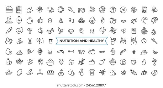 Nutrition and Healthy food Vector Icons. Contains related to Caunt Calories, Palm oil free, Zero thans fat, Probiotics and more. Outline icons collection.