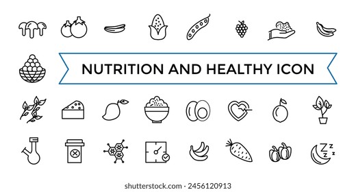 Nutrition and Healthy food Vector Icons. Contains related to Caunt Calories, Palm oil free, Zero thans fat, Probiotics and more. Outline icons collection.