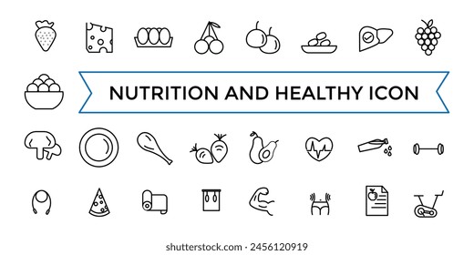 Nutrition and Healthy food Vector Icons. Contains related to Caunt Calories, Palm oil free, Zero thans fat, Probiotics and more. Outline icons collection.