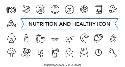 Nutrition and Healthy food Vector Icons. Contains related to Caunt Calories, Palm oil free, Zero thans fat, Probiotics and more. Outline icons collection.