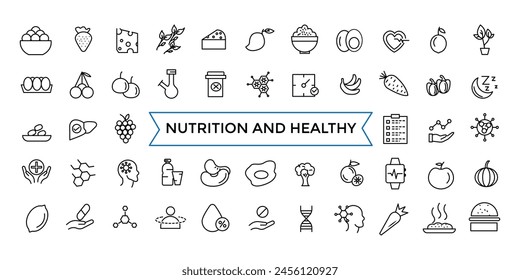 Nutrition and Healthy food Vector Icons. Contains related to Caunt Calories, Palm oil free, Zero thans fat, Probiotics and more. Outline icons collection.