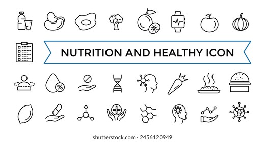 Nutrition and Healthy food Vector Icons. Contains related to Caunt Calories, Palm oil free, Zero thans fat, Probiotics and more. Outline icons collection.