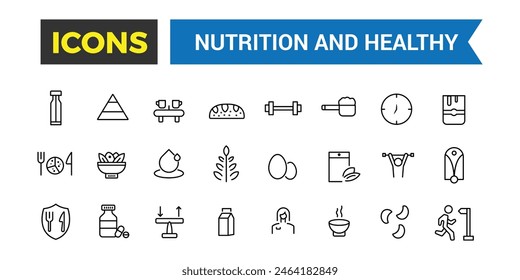 Nutrition and Healthy food Vector Icons. Outline icons collection.