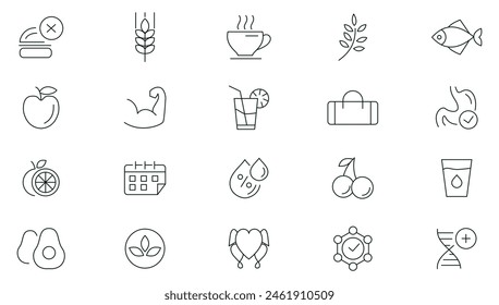 Nutrition, healthy lifestyle icons set. Detox Diet, Metabolism, Count Calories, Palm oil free, Zero trans fat, Probiotics line icon pack. Outline icons collection.