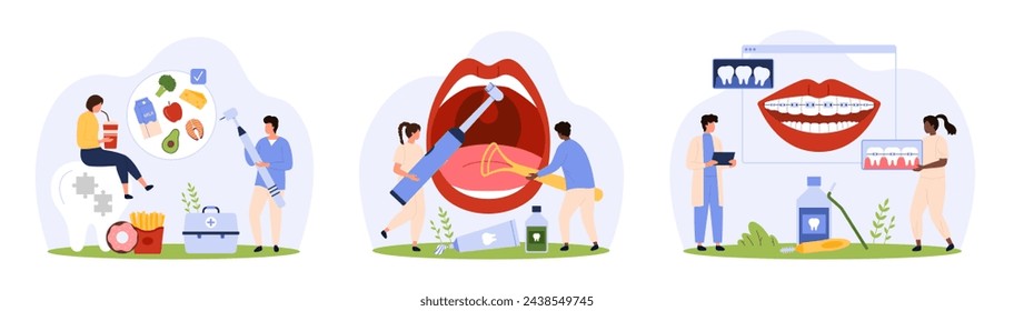 Nutrition, hygiene and braces for dental health set. Tiny people holding electric toothbrush and tongue cleaner to clean, advise healthy eating and bite correction cartoon vector illustration