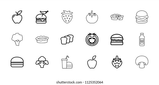 Nutrition icon. collection of 18 nutrition outline icons such as burger with pepper, burger, apple, broccoli, tomato, strawberry. editable nutrition icons for web and mobile.
