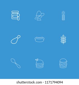 Nutrition icon. collection of 9 nutrition outline icons such as wheat, baby food, meat leg, burger with sausage, double burger. editable nutrition icons for web and mobile.