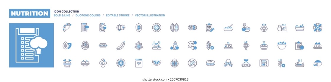 Nutrition icon collection. Bold line style. Duotone colors. Editable stroke. almond, guacamole, kiwi, sandesh, nutrition, empanada, onion, panini, banana, mushroom, orange.