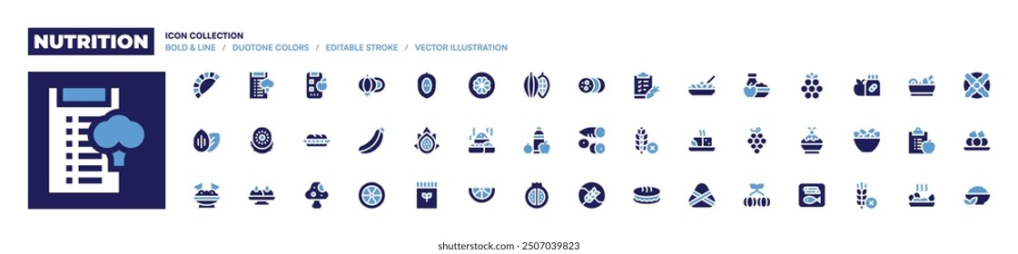 Nutrition icon collection. Bold style. Duotone colors. zongzi, tofu, wheat, pambazo, grain, yuca, pomegranate, pitahaya, food, celiac, lime, feeding.