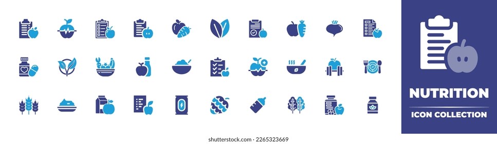 Colección de iconos de nutrición. Color de duotona. Ilustración vectorial. Con alimentación, dieta, bienestar, cereales, vinagre, frutas, vegetales, medicamentos, bebidas energéticas, alimentos sanos, puré de patatas, fibra.