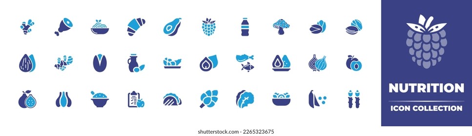 Nutrition icon collection. Duotone color. Vector illustration. Containing avocado, croissant, dish, ham, ginger, ingredients, olive oil, pistachio, almond, tacos, diet food, rice, garlic, guava.