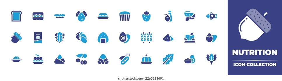 Nutrition icon collection. Duotone color. Vector illustration. Containing eggs, trans fat, cake, pie, bread, cereal, onigiri, sweet potato, arugula, acorn, zongzi, yuca, pudding, couscous, tuna.