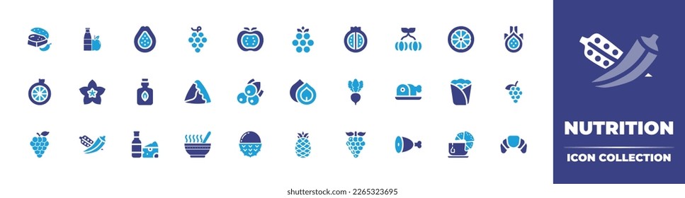 Nutrition icon collection. Duotone color. Vector illustration. Containing persimmon, grapes, guava, healthy food, vada pav, blueberry, samosa, herbal, star fruit, lemon, lychee, soup, wine, okra.