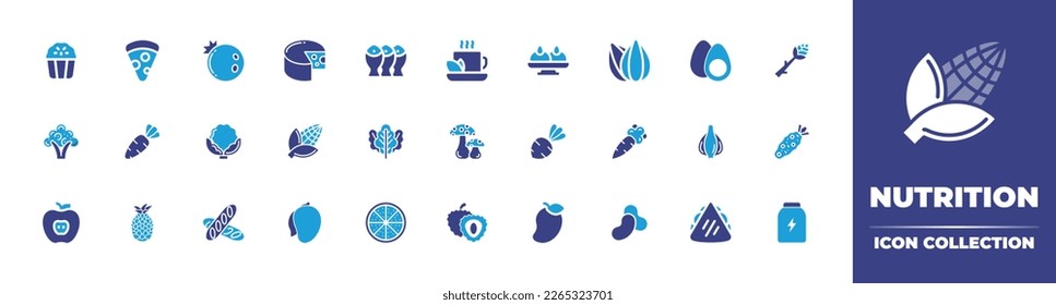 Nutrition icon collection. Duotone color. Vector illustration. Containing dried fish, cheese, blueberry, pizza, panettone, kale, corn, cauliflower, carrot, broccoli, apple, grapefruit, mango.