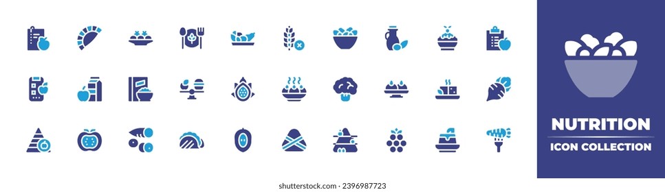 Nutrition icon collection. Duotone color. Vector and transparent illustration. Containing nutrition, vegetarian, salad, diet, broccoli, radish, nutritional pyramid, tacos, empanada, ingredients.