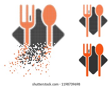 Nutrition icon in dissolving, dotted halftone and undamaged entire variants. Pixels are grouped into vector dissolving nutrition icon. Disappearing effect involves rectangle pixels.