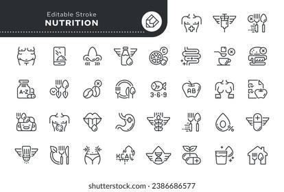 Nutrition icon in outline linear style. Proper nutrition, diet, weight loss and healthy lifestyle. Healthy diet food. Vector set of conceptual web icons for applications, websites. Pictogram