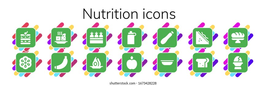 nutrition icon set. 14 filled nutrition icons.  Simple modern icons such as: Waffle, Berry, Tofu, Banana, Carrots, Avocado, Isotonic, Apple, Courgette, Bowl, Sandwich, Baguette