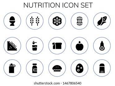 nutrition icon set. 15 filled nutrition icons.  Simple modern icons about  - Egg, Sandwich, Wheat, Powder, Berry, Bread, Peanut, Apple, Corn, Butternut squash, Isotonic, Milk
