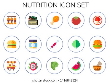 nutrition icon set. 15 flat nutrition icons.  Simple modern icons about  - dried fish, hamburguer, vegetables, baby food, chicken leg, berries, tomato, lettuce, mushroom, burger