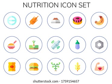 nutrition icon set. 15 flat nutrition icons. Included salt, baby food, wheat, tuber, pet food, Shaker, donut, aubergine, banana, nut, chips, hamburguer, fruits, exercise icons