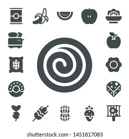 nutrition icon set. 17 filled nutrition icons.  Collection Of - Tomato, Toaster, Wheat, Cinnamon roll, Donut, Apple, Fried egg, Cheese, Turnip, Banana, Watermelon, Peanut, Strawberry