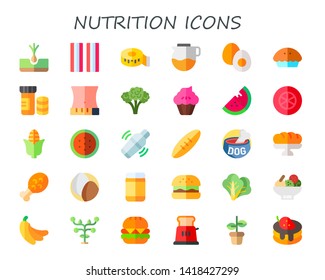 nutrition icon set. 30 flat nutrition icons.  Collection Of - tuber, bacon, measuring tape, pot, boiled egg, pie, vitamins, waist, broccoli, muffin, watermelon, tomato slice, corn