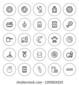 Nutrition icon set. collection of 25 outline nutrition icons with apple, bbq, bread, carrot, chicken leg, coconut, chips, corn, donut, cooking pot, eggs icons. editable icons.