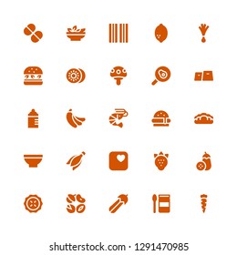nutrition icon set. Collection of 25 filled nutrition icons included Carrot, Baby food, Courgette, Nuts, Pie, Aubergine, Strawberry, Apple, Banana, Bowl, Bread, Burger, Shrimp