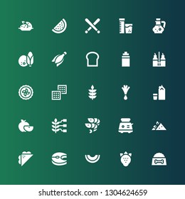 nutrition icon set. Collection of 25 filled nutrition icons included Dog food, Strawberry, Melon, Salmon, Sandwich, Toaster, Shrimps, Wheat, Apple, Milk, Leek, Waffle, Pie, Vinegar
