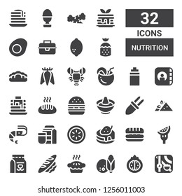 Nutrition Icon Set. Collection Of 32 Filled Nutrition Icons Included Apple, Pomegranate, Coconut, Pie, Bread, Milk, Tomato, Sandwich, Pancake, Cucumber, Shrimp, Corn, Hot Pot