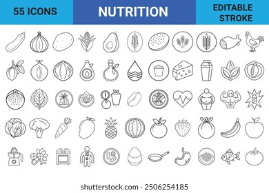 The Nutrition Icon Set is a collection of line icons featuring popular nutrition elements like food, vegetables, water, and dietary labels, perfect for health and wellness websites and apps.