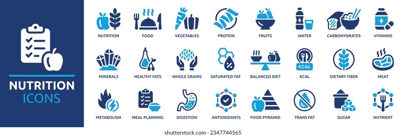 Nutrition icon set. Containing food, vegetables, water, meal planning, fruits, dietary fiber, protein, vitamins, healthy fats and carbohydrate icons. Solid icon collection. Vector illustration. svg