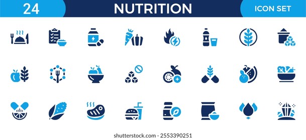 Nutrition icon set. Containing food, vegetables, water, meal planning, fruits, dietary fiber, protein, vitamins, healthy fats and carbohydrate icons. Solid icon collection. Vector illustration.
