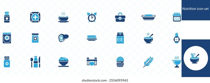 Nutrition icon set. Containing food, vegetables, water, meal planning, fruits, dietary fiber, protein, vitamins, healthy fats and carbohydrate icons. Solid icon collection. Vector