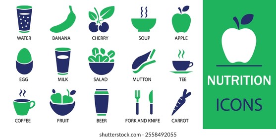 Nutrition icon set. Containing food, vegetables, water,  fruits, dietary fiber, protein, vitamins, healthy fats and carbohydrate icons. Solid icon collection. Vector illustration.