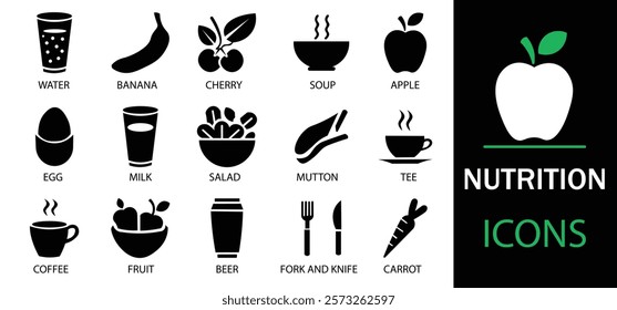 Nutrition icon set. Containing food, vegetables, water,  fruits, dietary fiber, protein, vitamins, healthy fats and carbohydrate icons. Solid icon collection. Vector illustration.