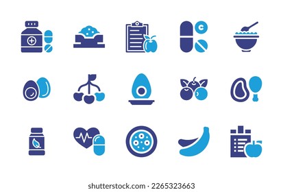 Nutrition icon set. Duotone color. Vector illustration. Containing supplement, feeding, schedule, drug, meal, boiled egg, cherries, berries, protein, herbal, medication, clam chowder, banana.